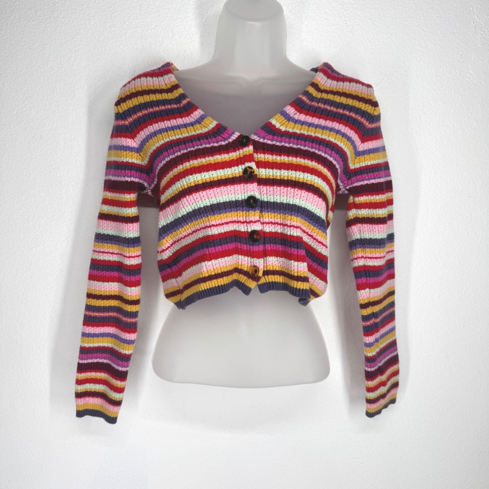 Forever 21 Womens 90s Striped Cropped Cardigan Sweater Rainbow Ribbed Size M
